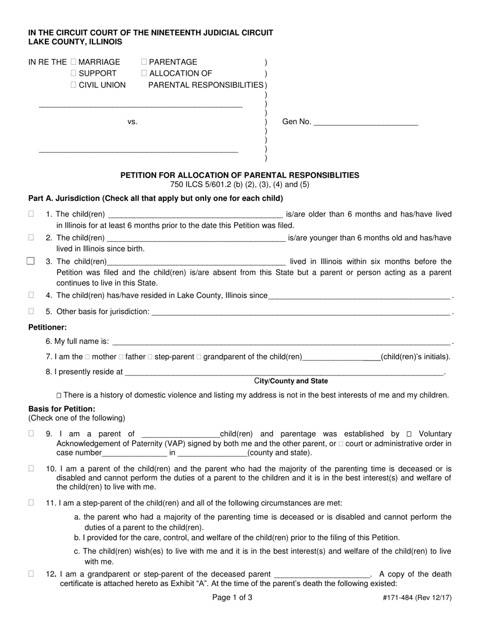 Form 171-484 Petition for Allocation of Parental Responsiblities - Lake County, Illinois, Page 1