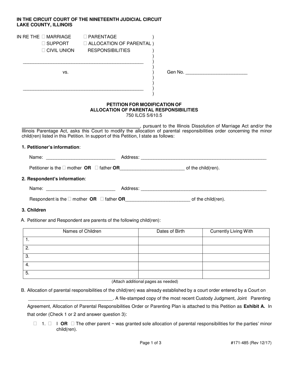 Form 171-485 Petition for Modification of Allocation of Parental Responsibilities - Lake County, Illinois, Page 1