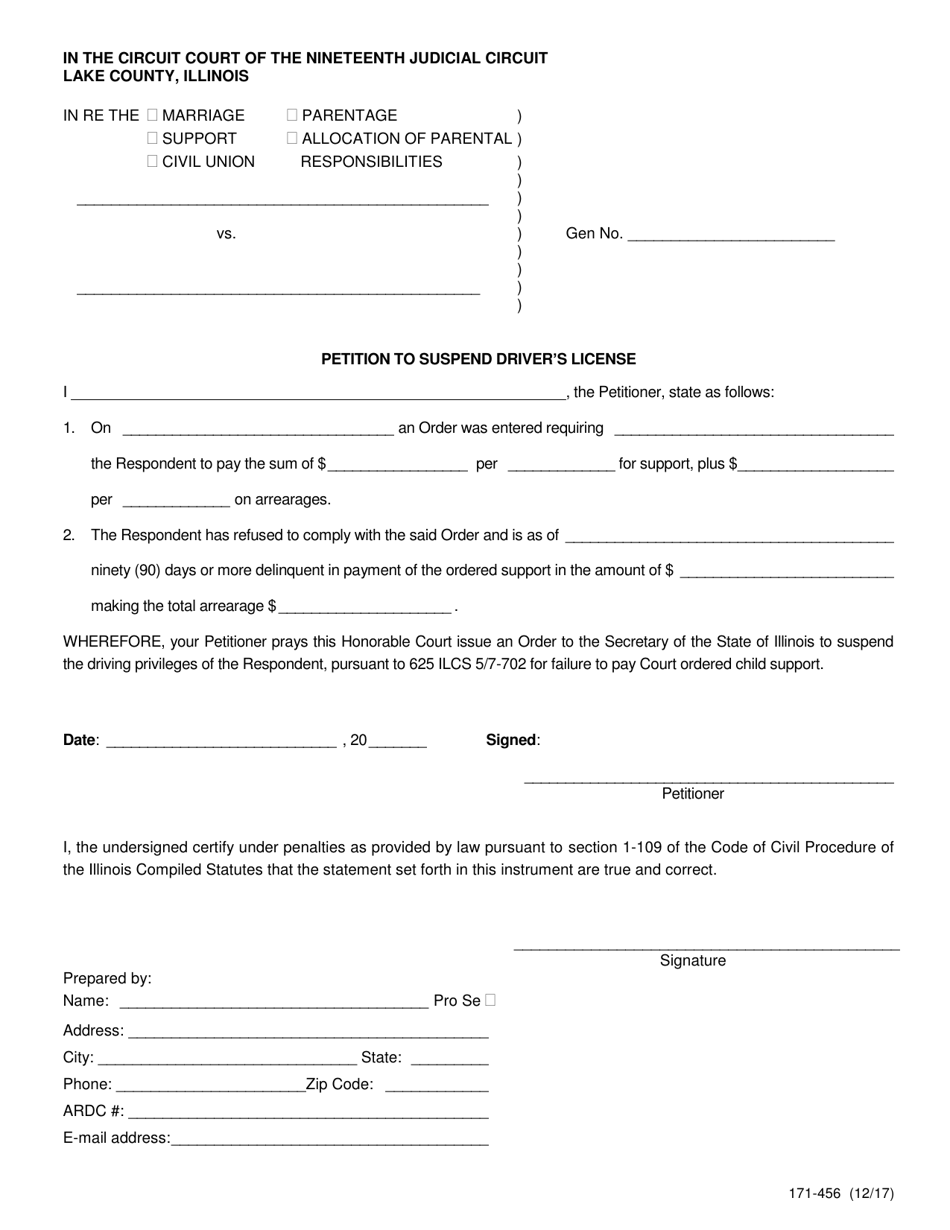 Form 171-456 Petition to Suspend Driver's License - Lake County, Illinois, Page 1