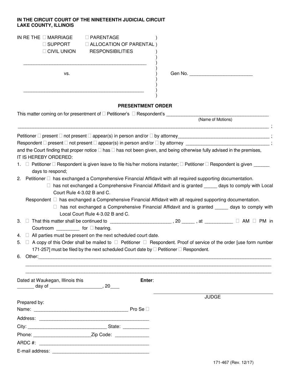 Form 171-467 Presentment Order - Lake County, Illinois, Page 1
