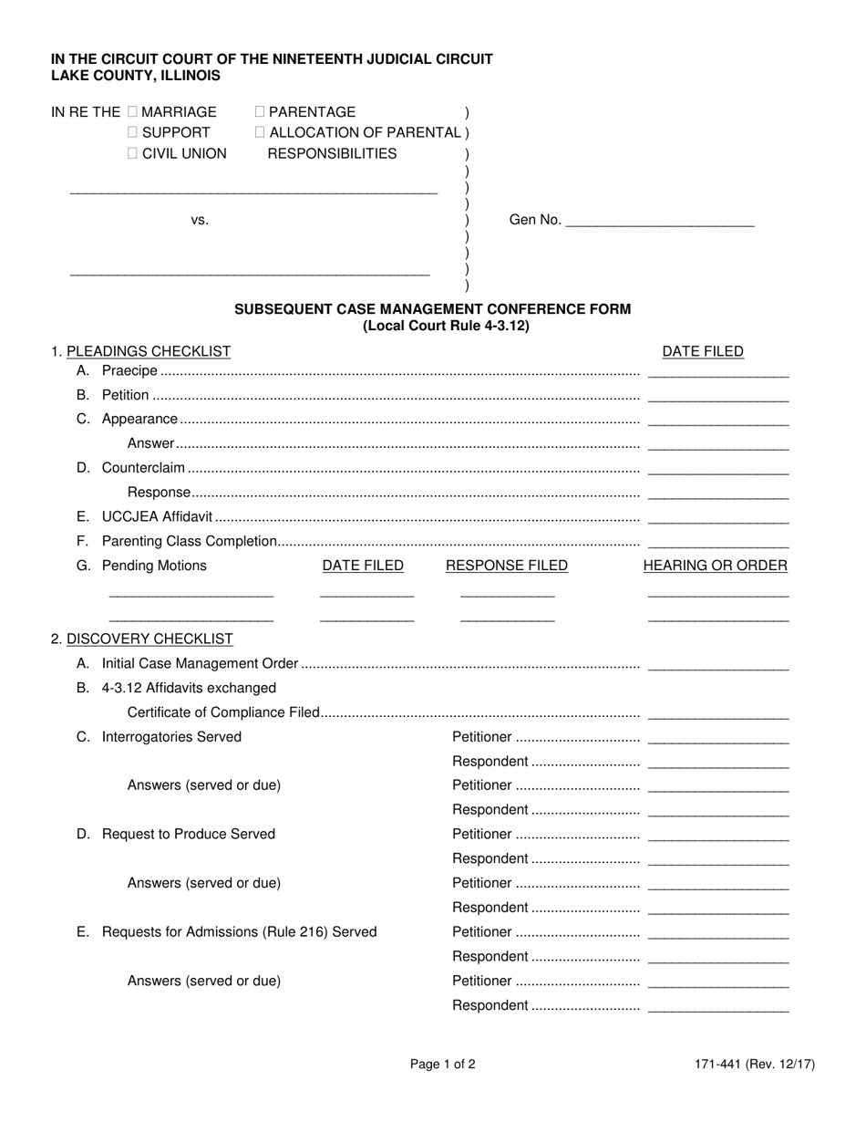 Form 171-441 Subsequent Case Management Conference Form - Lake County, Illinois, Page 1