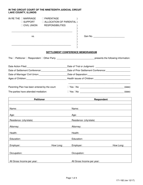 Form 171-182 Settlement Conference Memorandum - Lake County, Illinois