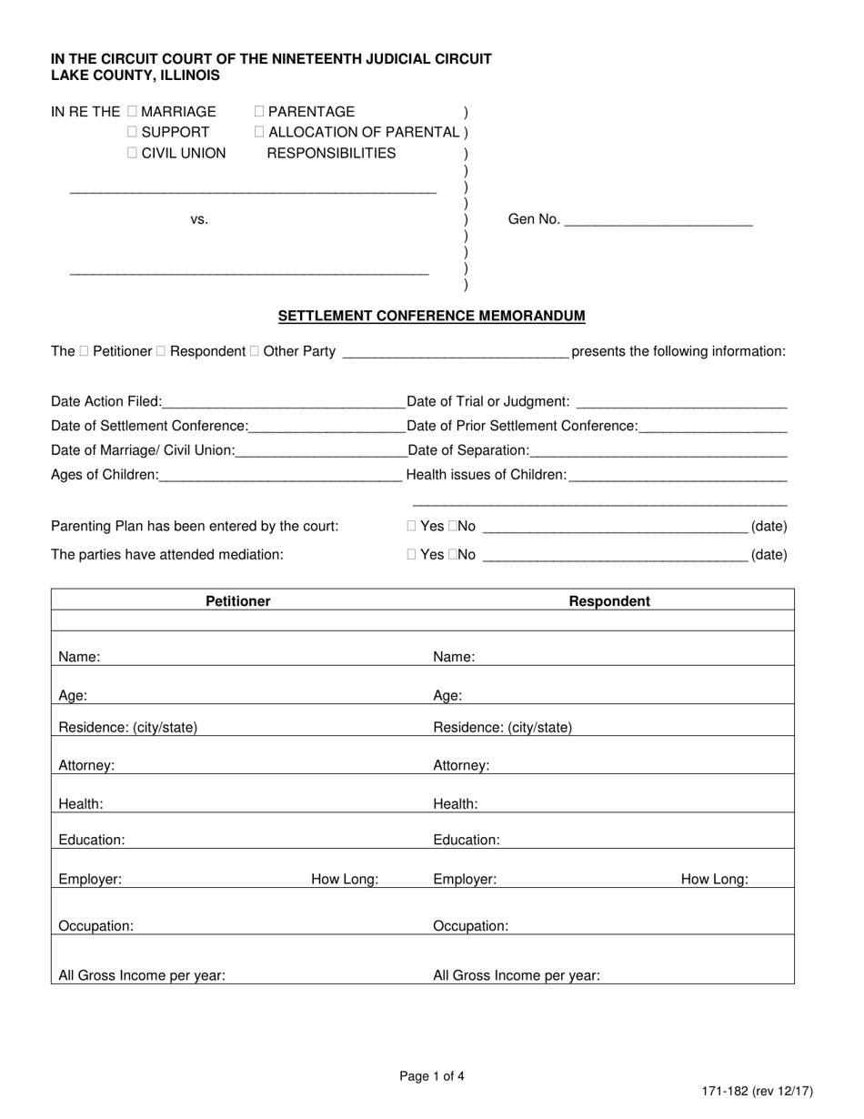 Form 171-182 Settlement Conference Memorandum - Lake County, Illinois, Page 1