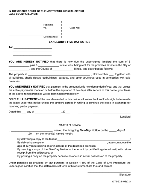Form 171-528 Landlord's Five-Day Notice - Lake County, Illinois