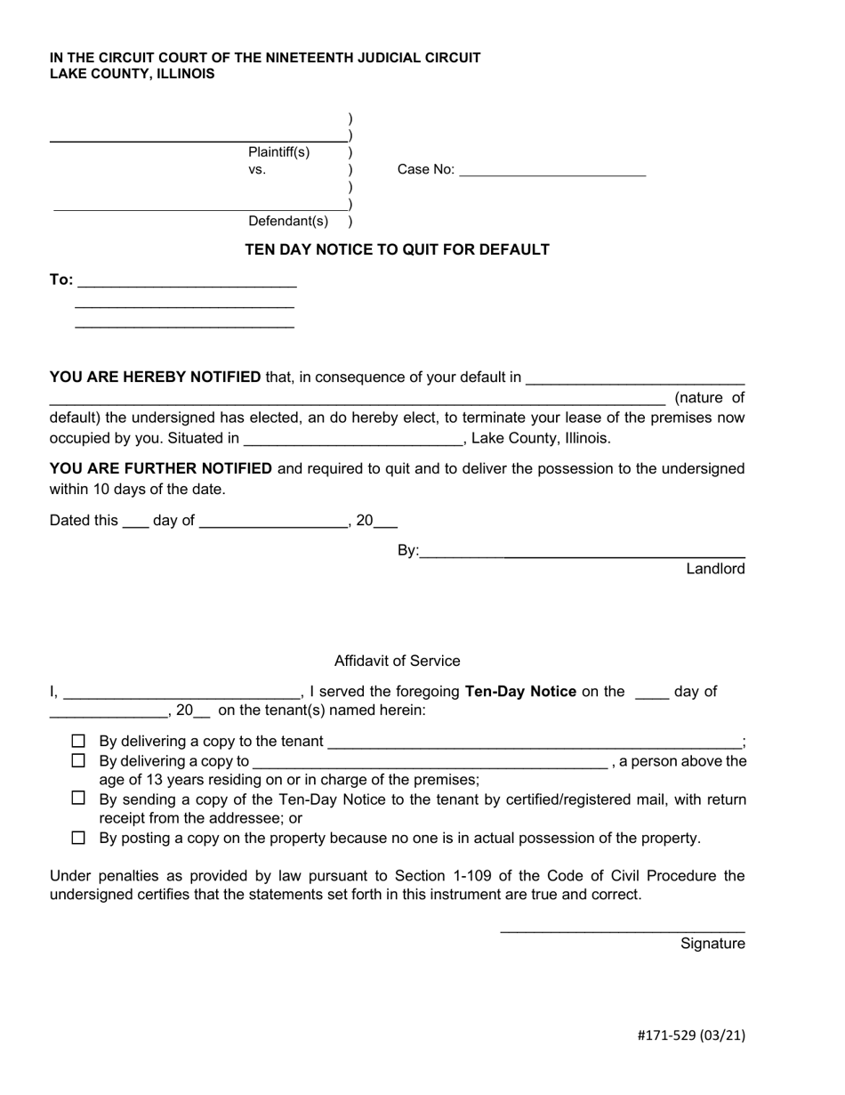 Form 171-529 Ten Day Notice to Quit for Default - Lake County, Illinois, Page 1