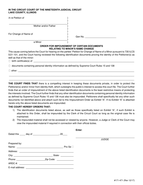 Form 171-471 Order for Impoundment of Certain Documents Relating to Minor's Name Change - Lake County, Illinois
