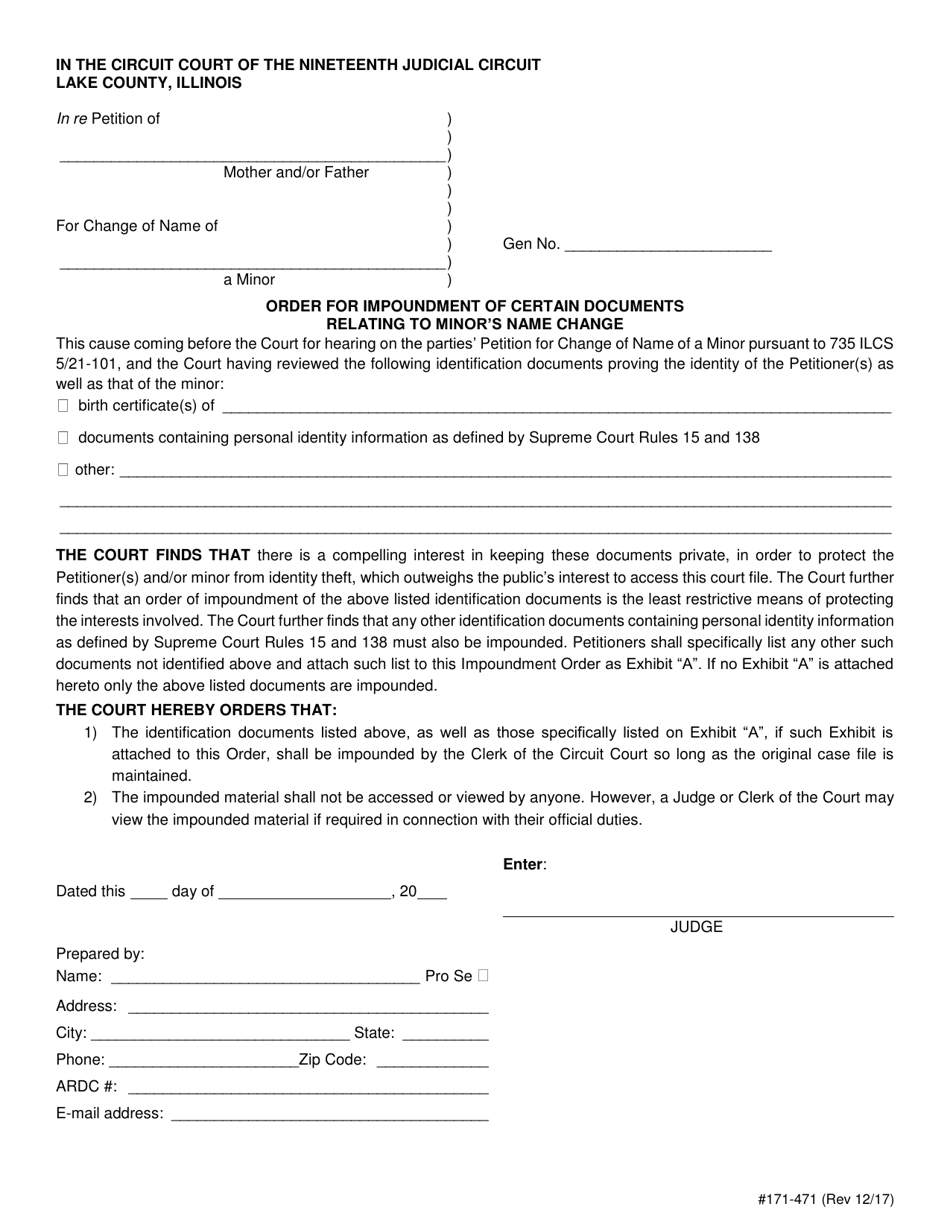 Form 171-471 Order for Impoundment of Certain Documents Relating to Minors Name Change - Lake County, Illinois, Page 1