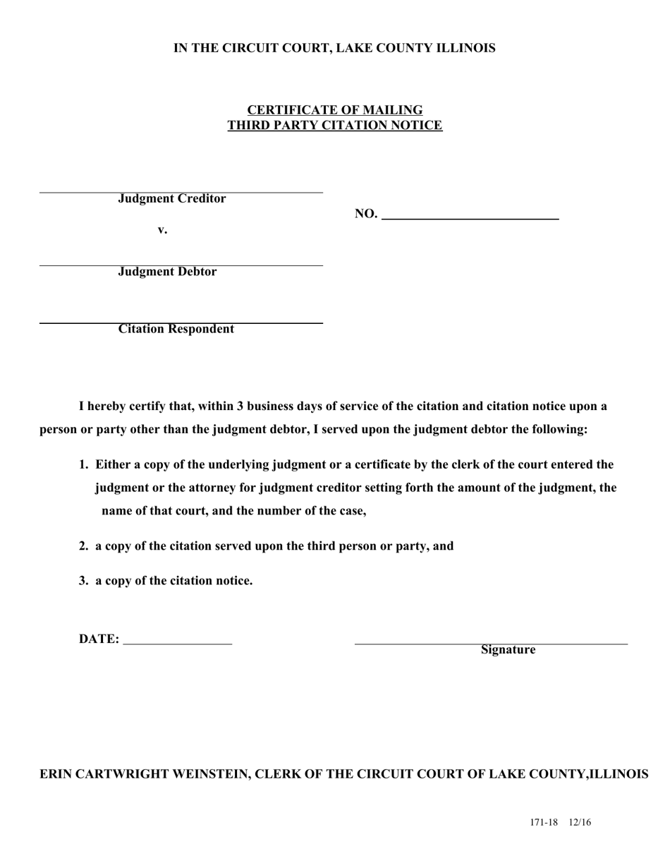 Form 171-18 Certificate of Mailing Third Party Citation Notice - Lake County, Illinois, Page 1