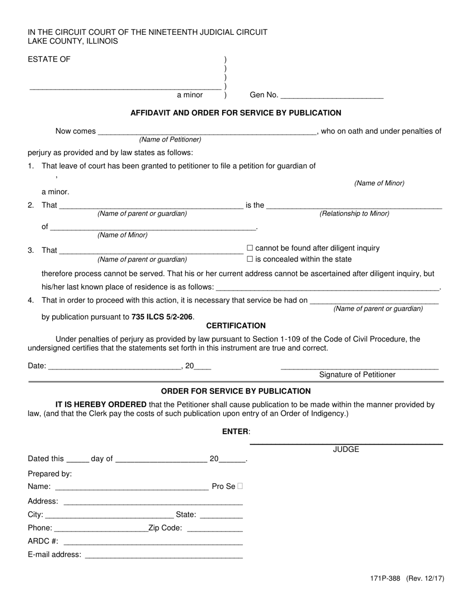 Form 171P-388 Affidavit and Order for Service by Publication - Lake County, Illinois, Page 1