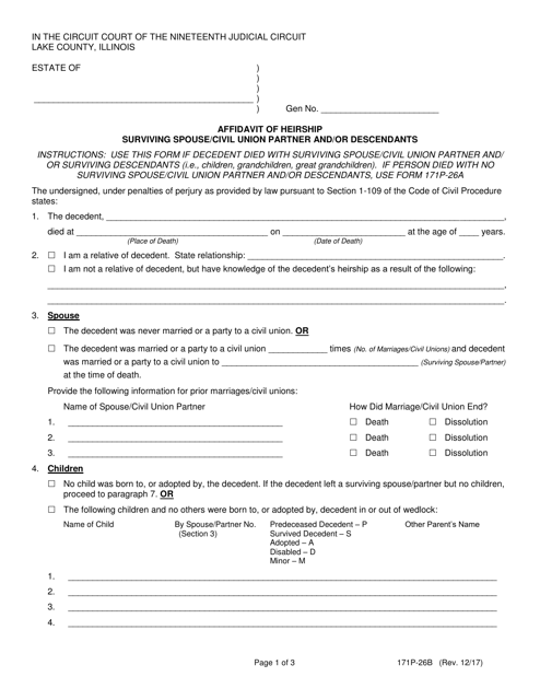 Form 171P-26B Affidavit of Heirship Surviving Spouse/Civil Union Partner and/or Descendants - Lake County, Illinois