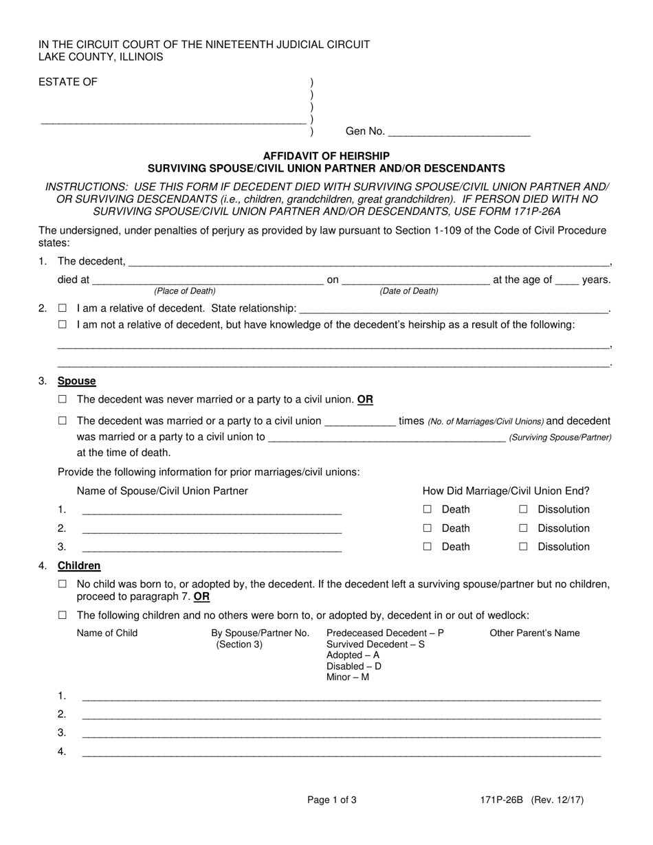 Form 171P-26B Affidavit of Heirship Surviving Spouse / Civil Union Partner and / or Descendants - Lake County, Illinois, Page 1