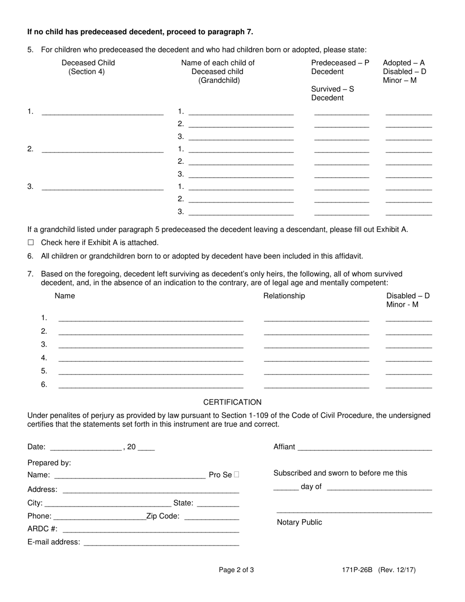 Form 171P-26B Affidavit of Heirship Surviving Spouse / Civil Union Partner and / or Descendants - Lake County, Illinois, Page 2