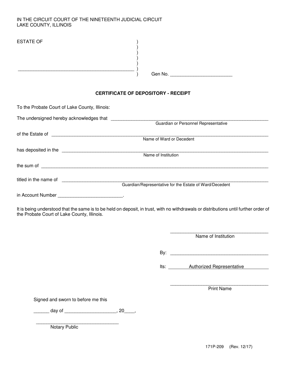 Form 171P-209 Certificate of Depository - Receipt - Lake County, Illinois, Page 1