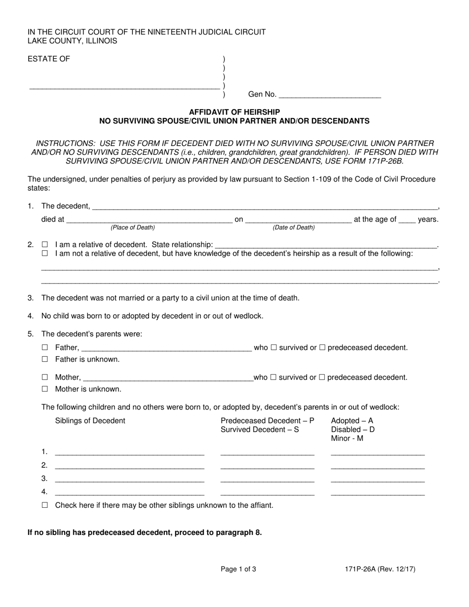 Form 171P-26A Affidavit of Heirship No Surviving Spouse / Civil Union Partner and / or Descendants - Lake County, Illinois, Page 1