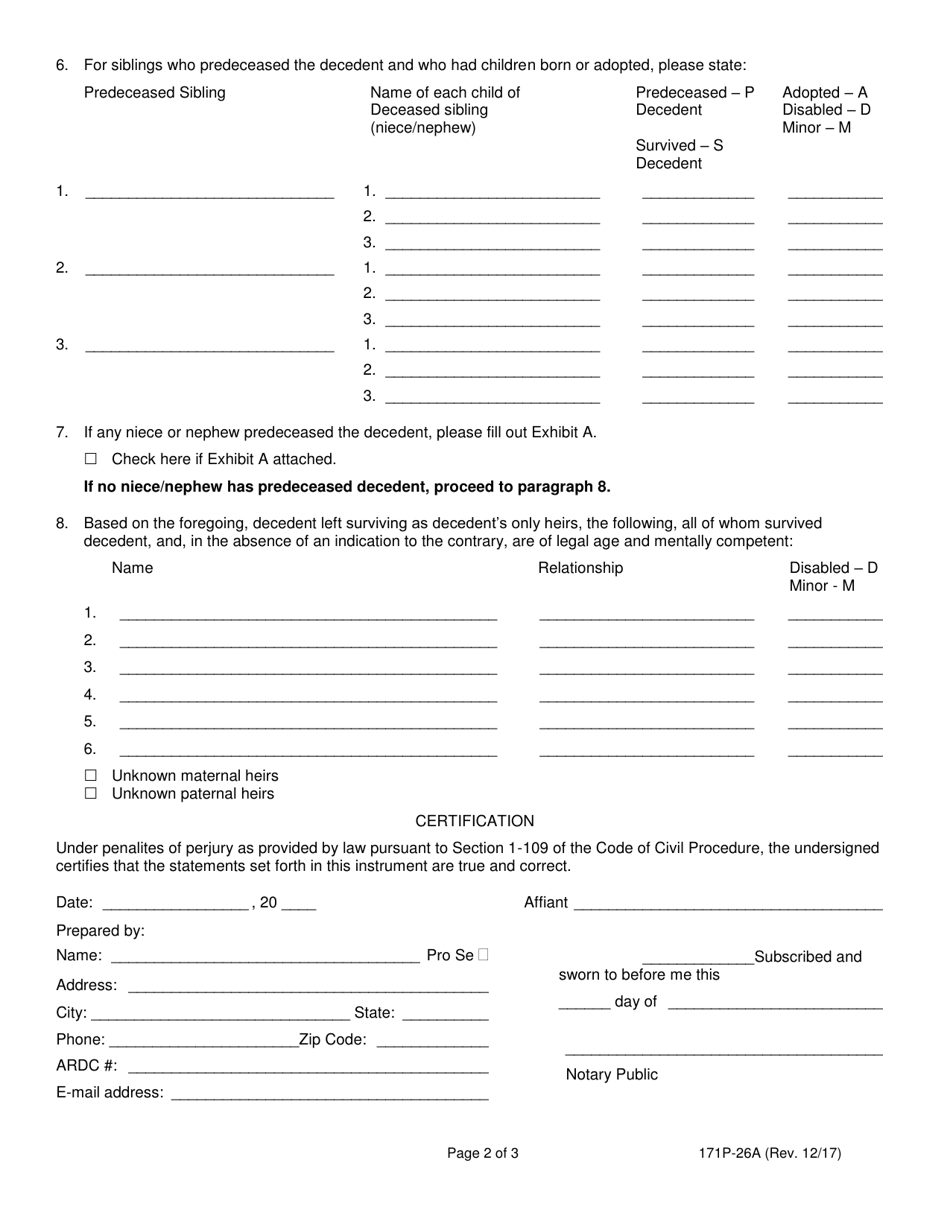 Form 171P-26A Affidavit of Heirship No Surviving Spouse / Civil Union Partner and / or Descendants - Lake County, Illinois, Page 2