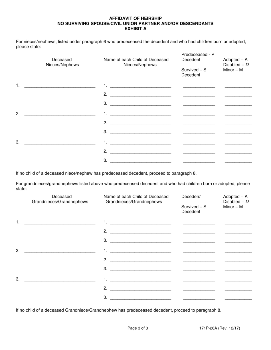 Form 171P-26A Affidavit of Heirship No Surviving Spouse / Civil Union Partner and / or Descendants - Lake County, Illinois, Page 3