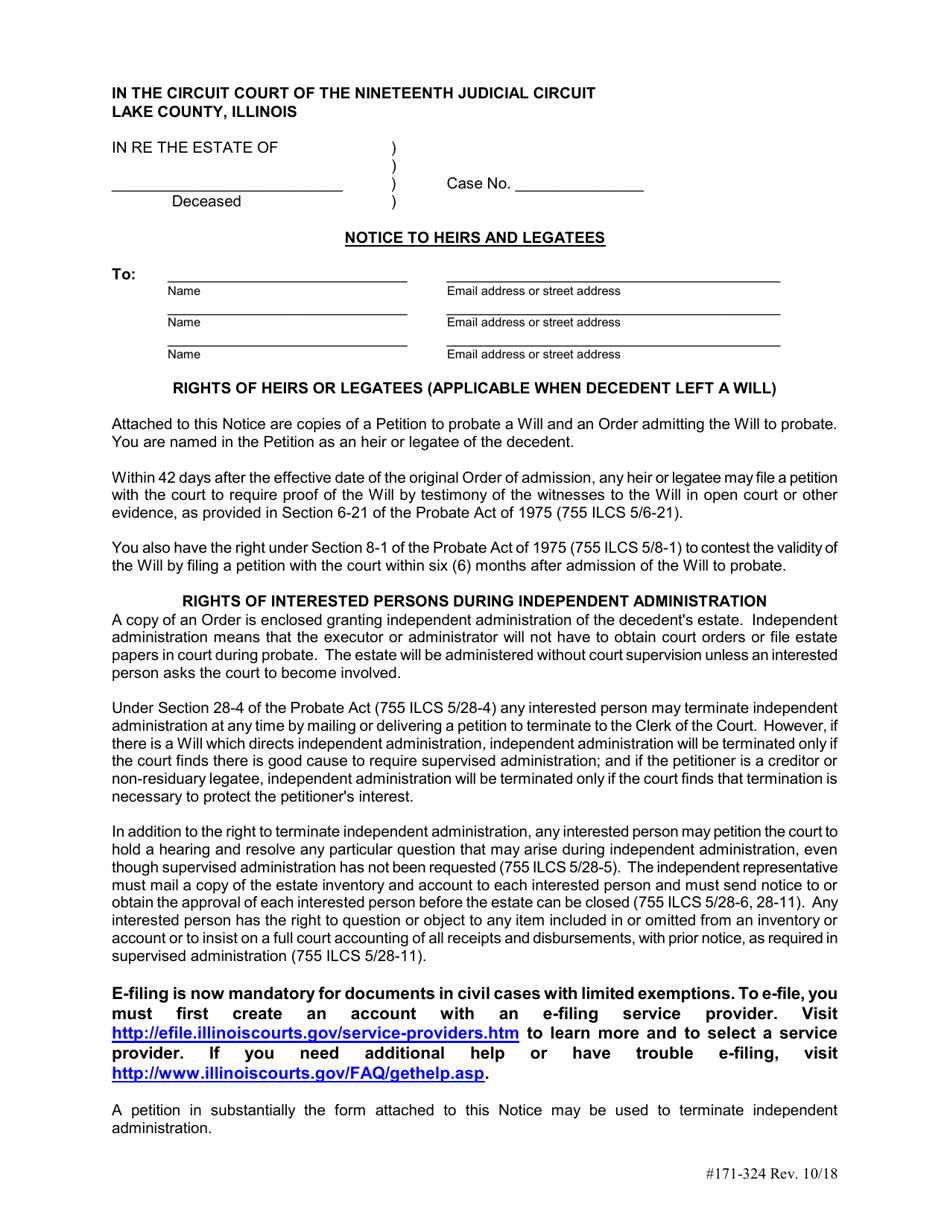 Form 171-324 Notice to Heirs and Legatees - Lake County, Illinois, Page 1