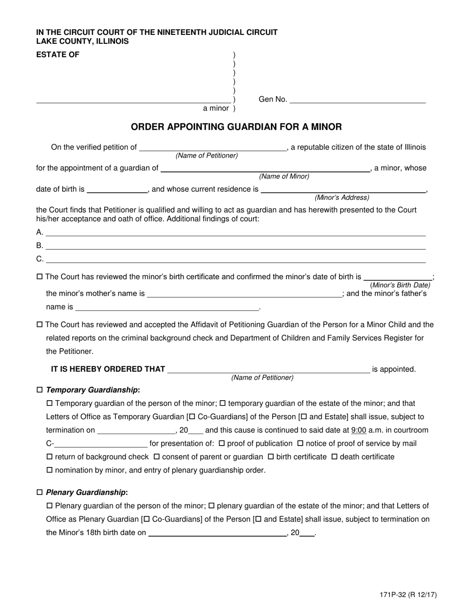 Form 171P-32 Order Appointing Guardian for a Minor - Lake County, Illinois, Page 1