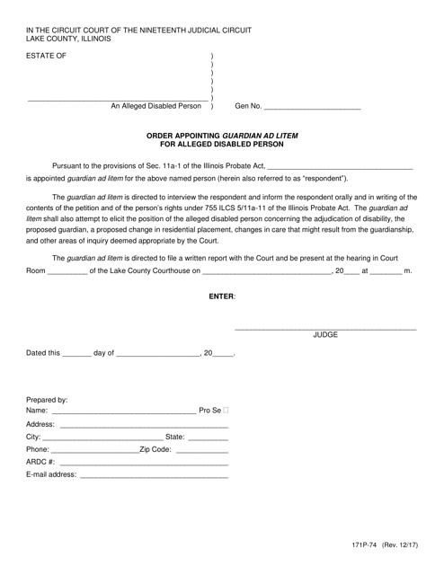 Form 171P-74 Order Appointing Guardian Ad Litem for Alleged Disabled Person - Lake County, Illinois
