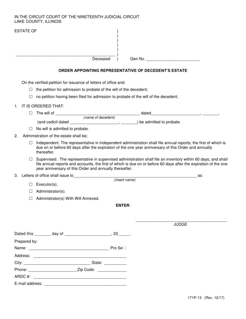Form 171P-13 Order Appointing Representative of Decedent's Estate - Lake County, Illinois