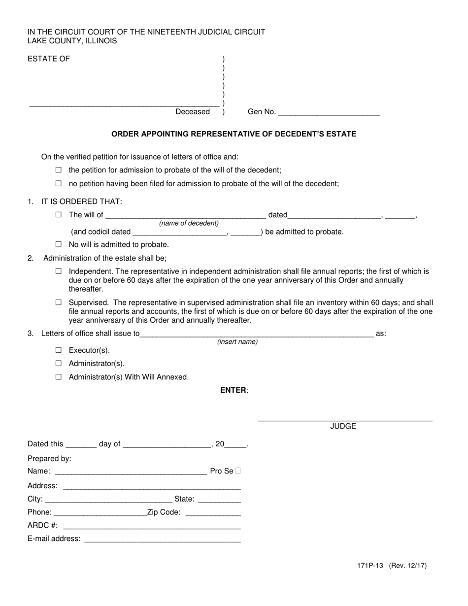 Form 171P-13 Order Appointing Representative of Decedents Estate - Lake County, Illinois, Page 1