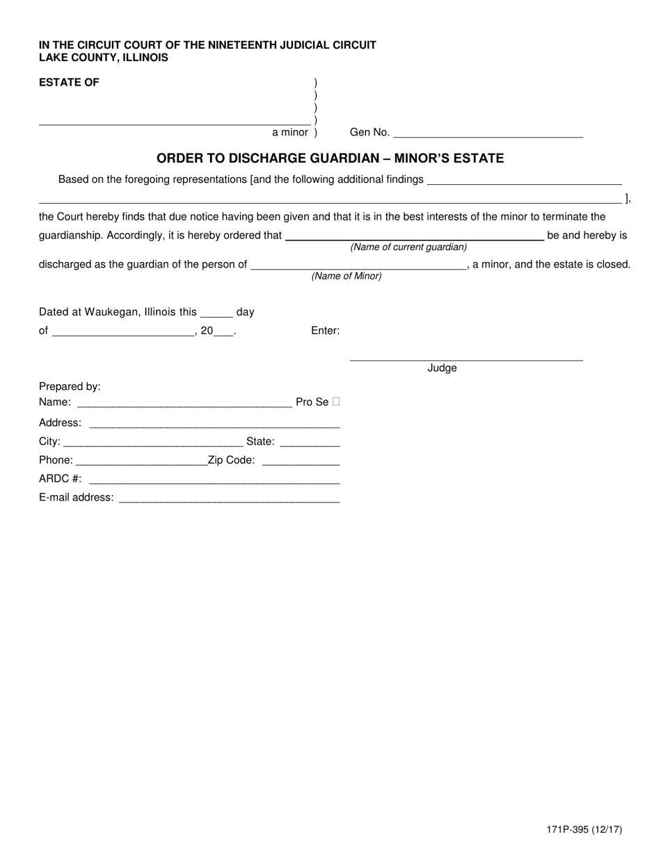 Form 171P-395 Order to Discharge Guardian - Minors Estate - Lake County, Illinois, Page 1