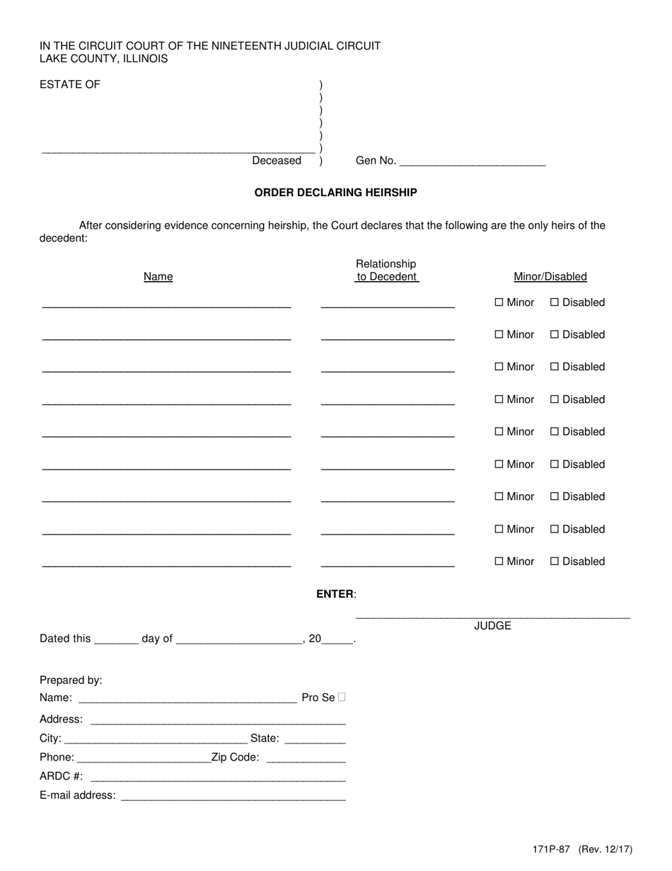 Form 171P-87 Order Declaring Heirship - Lake County, Illinois, Page 1