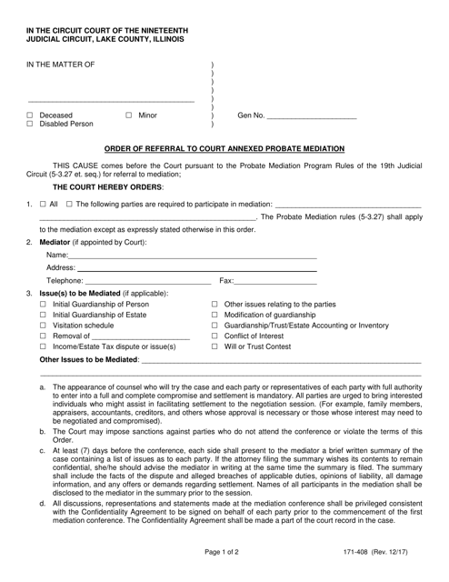Form 171-408 Order of Referral to Court Annexed Probate Mediation - Lake County, Illinois