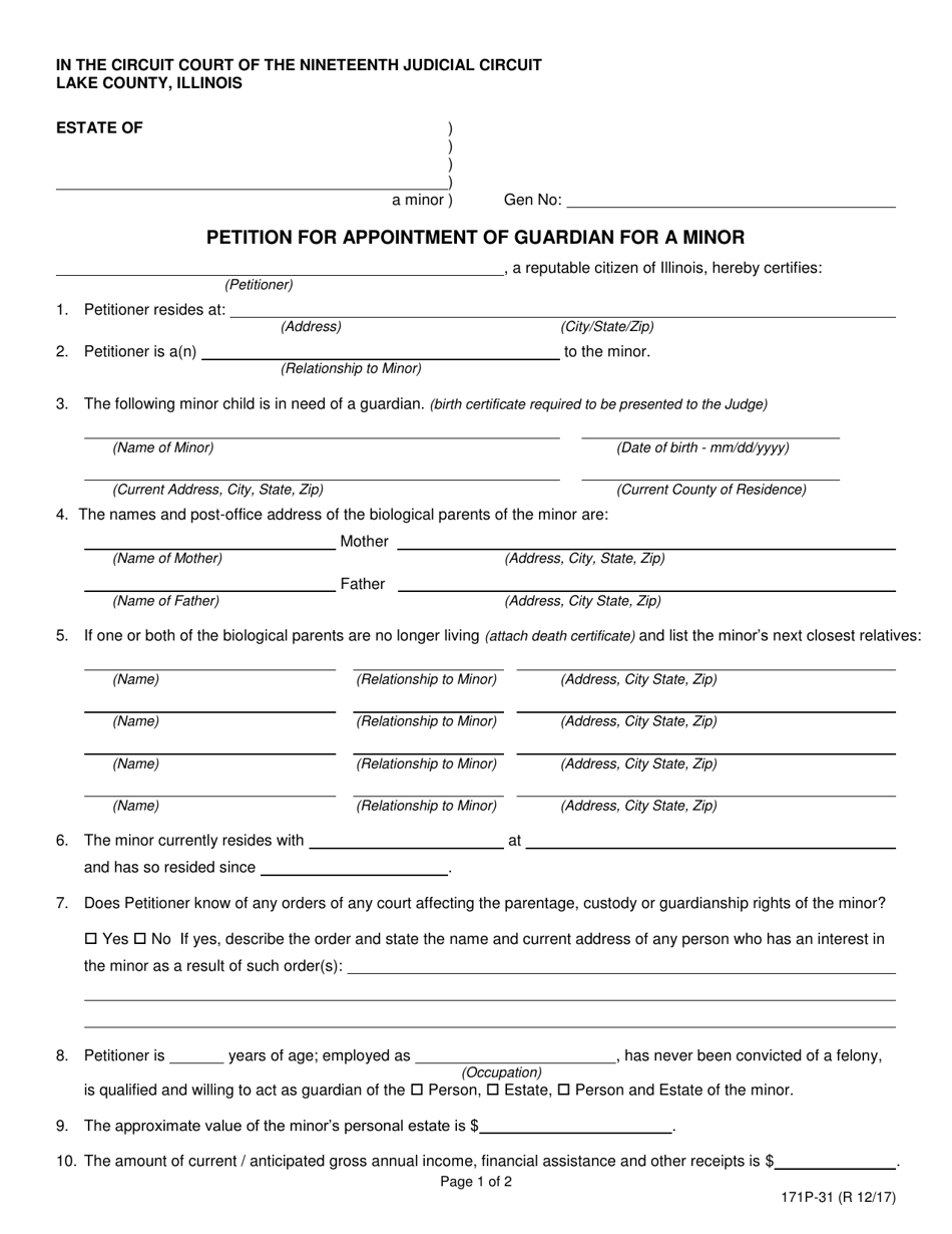 Form 171P-31 Petition for Appointment of Guardian for a Minor - Lake County, Illinois, Page 1