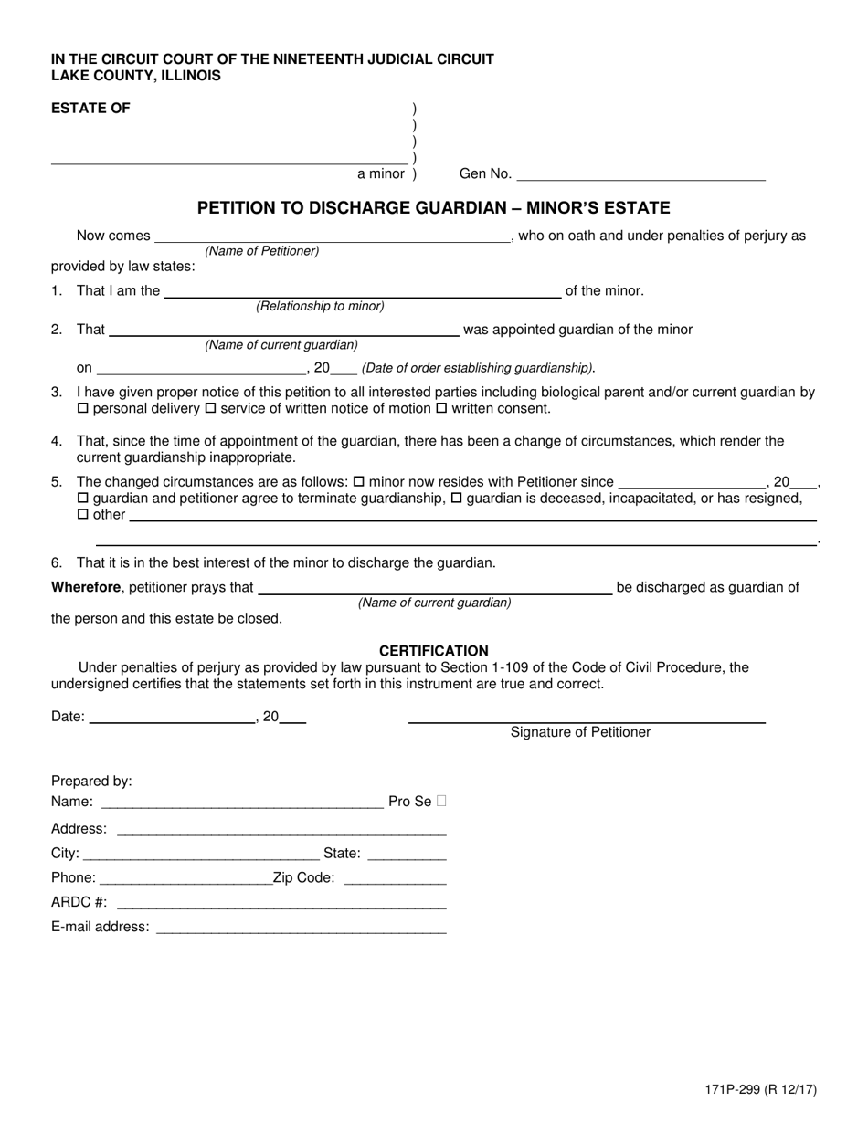 Form 171P-299 Petition to Discharge Guardian - Minors Estate - Lake County, Illinois, Page 1