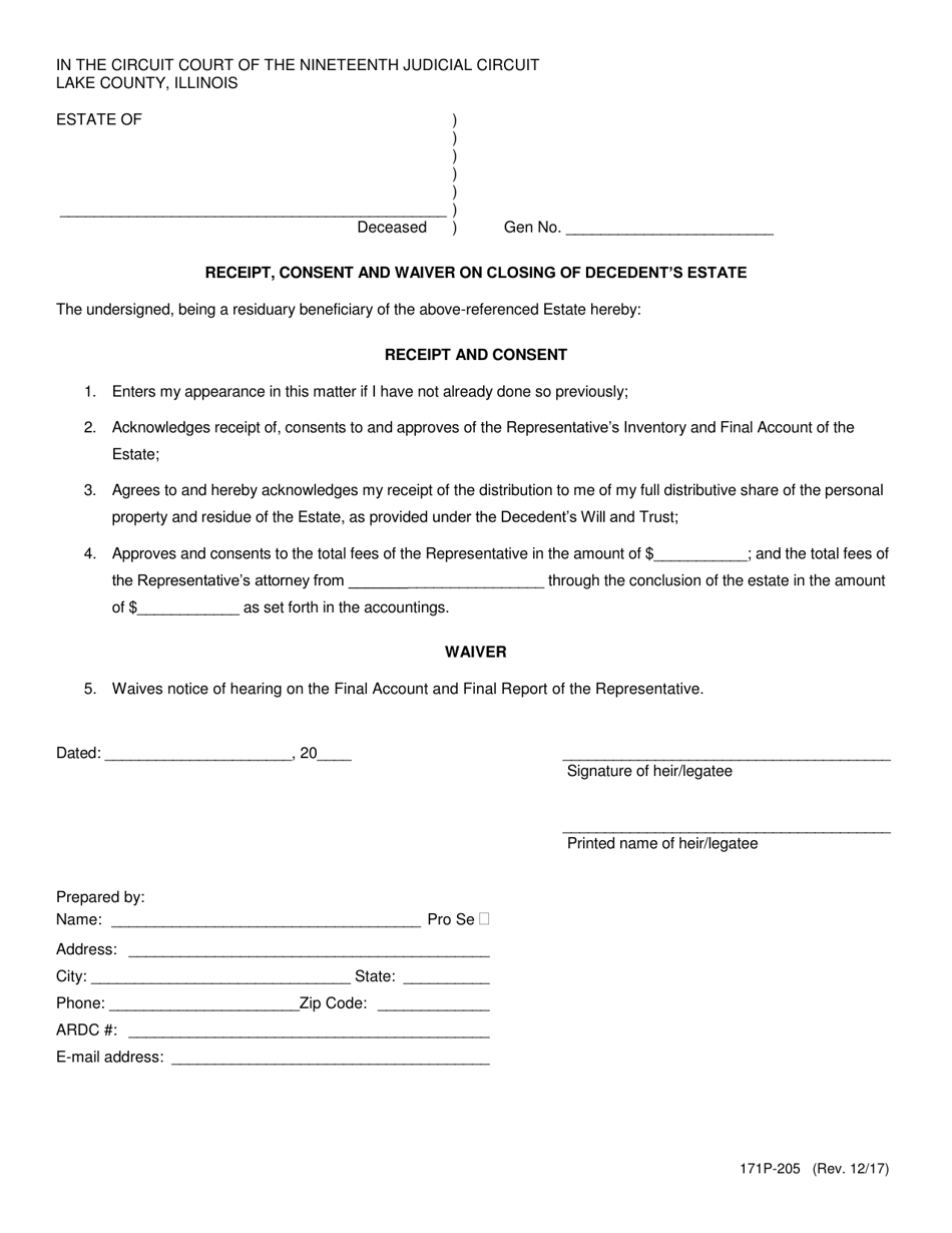 Form 171P-205 Receipt, Consent and Waiver on Closing of Decedents Estate - Lake County, Illinois, Page 1