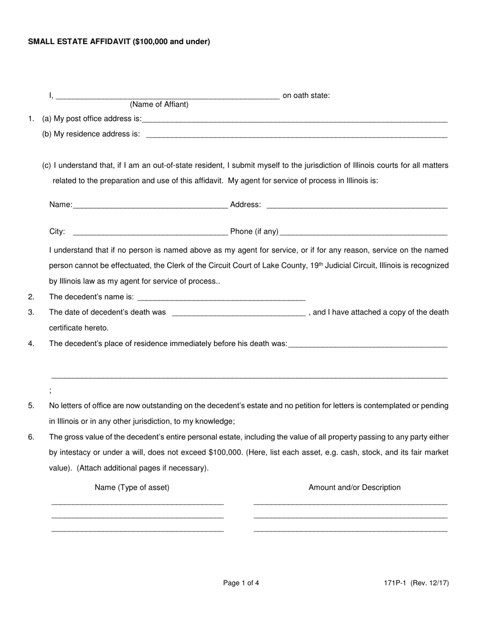 Form 171P-1 Small Estate Affidavit ($100,000 and Under) - Lake County, Illinois, Page 1