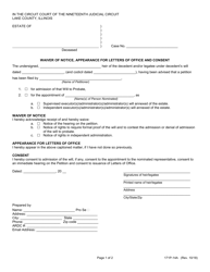Document preview: Form 171P-14A Waiver of Notice, Appearance for Letters of Office and Consent - Lake County, Illinois