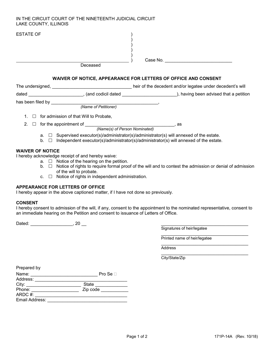 Form 171P-14A Waiver of Notice, Appearance for Letters of Office and Consent - Lake County, Illinois, Page 1