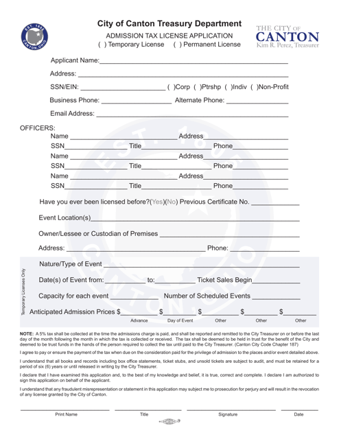 Admission Tax License Application - City of Canton, Ohio Download Pdf