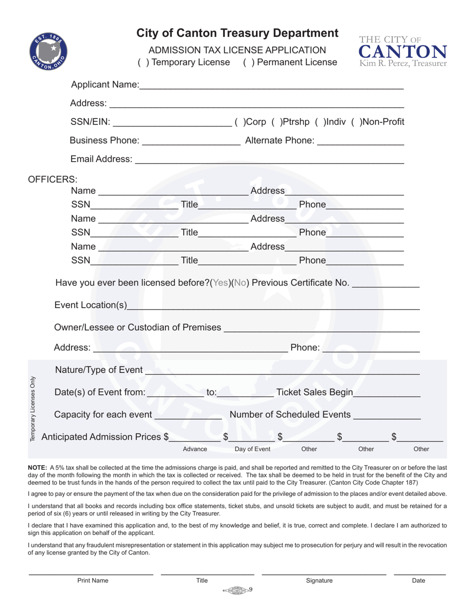Admission Tax License Application - City of Canton, Ohio, Page 1