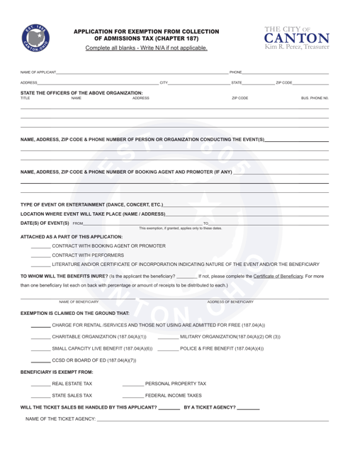 Application for Exemption From Collection of Admissions Tax (Chapter 187) - City of Canton, Ohio Download Pdf