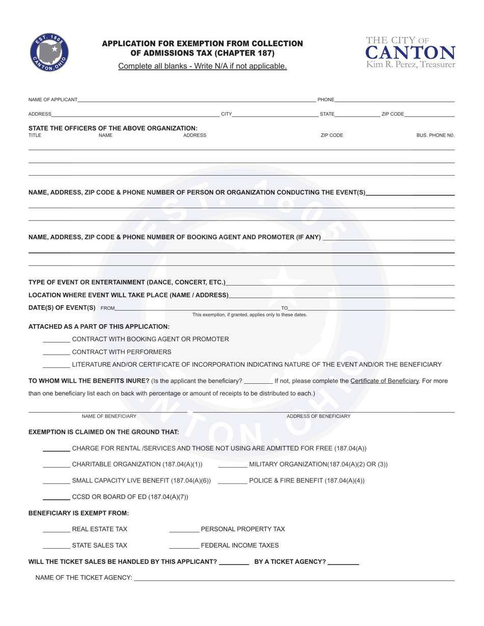 Application for Exemption From Collection of Admissions Tax (Chapter 187) - City of Canton, Ohio, Page 1