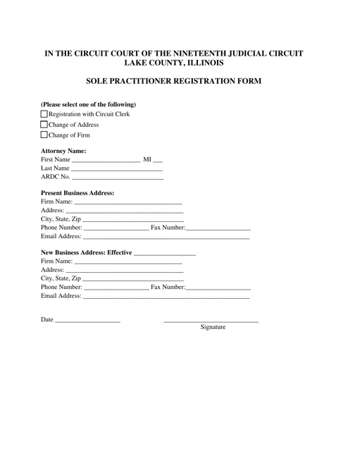 Sole Practitioner Registration Form - Lake County, Illinois Download Pdf