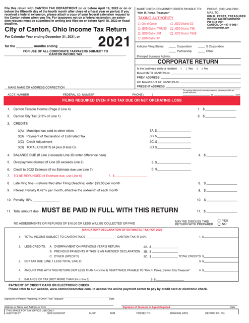 2021 City of Canton, Ohio Corporate Tax Return Fill Out, Sign