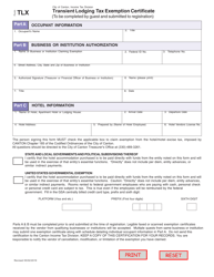 Document preview: Form TLX Transient Lodging Tax Exemption Certificate - City of Canton, Ohio