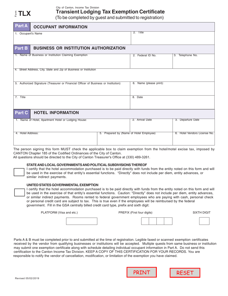 Form TLX Transient Lodging Tax Exemption Certificate - City of Canton, Ohio, Page 1