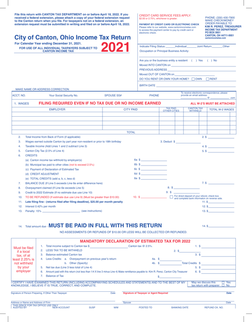Individual Income Tax Return - City of Canton, Ohio, 2021