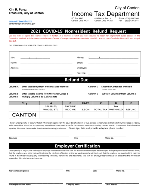 Covid-19 Nonresident Refund Request - City of Canton, Ohio Download Pdf