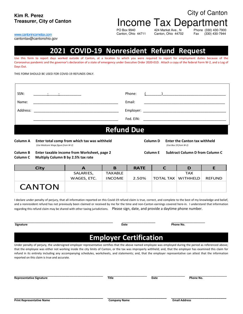 Covid-19 Nonresident Refund Request - City of Canton, Ohio, Page 1