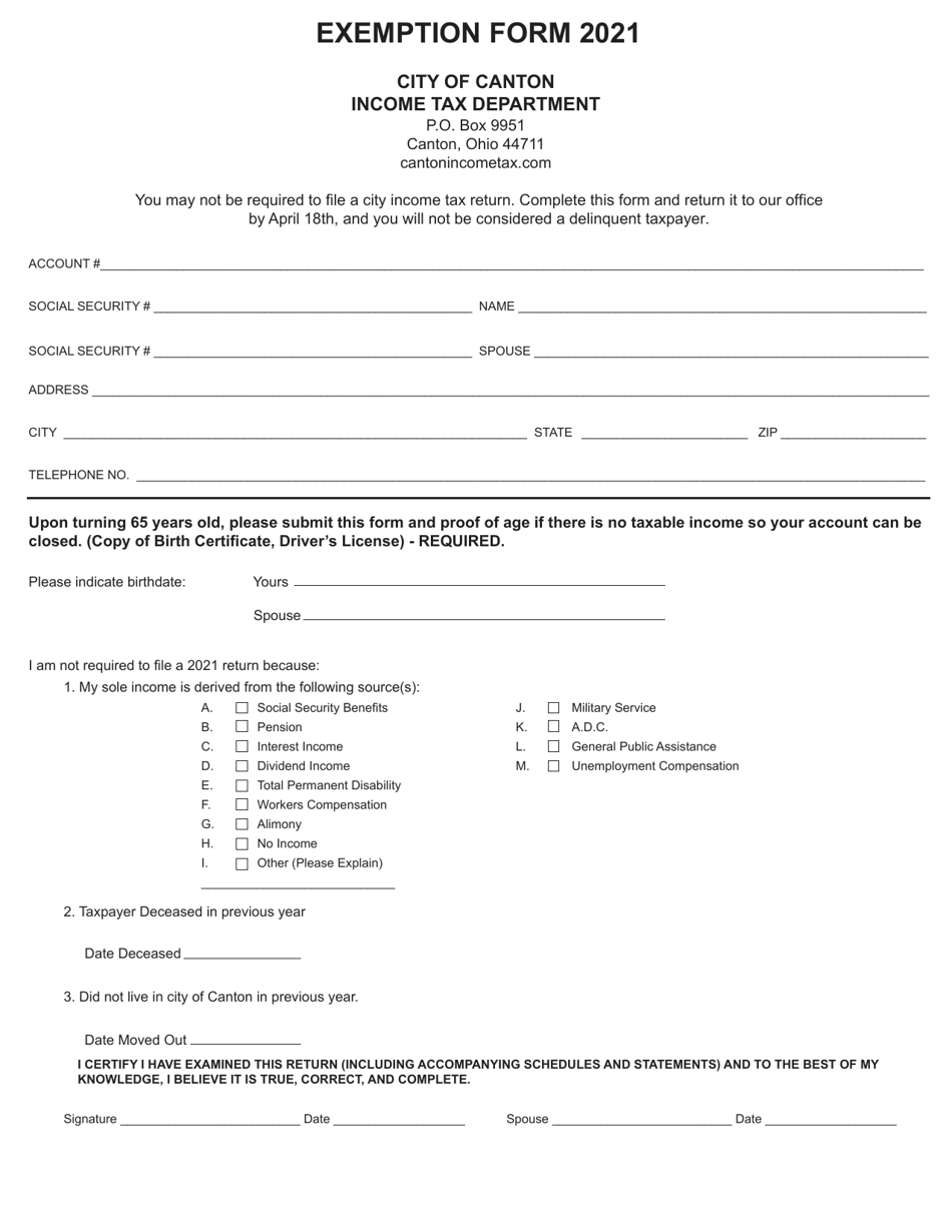 Exemption Form - City of Canton, Ohio, Page 1