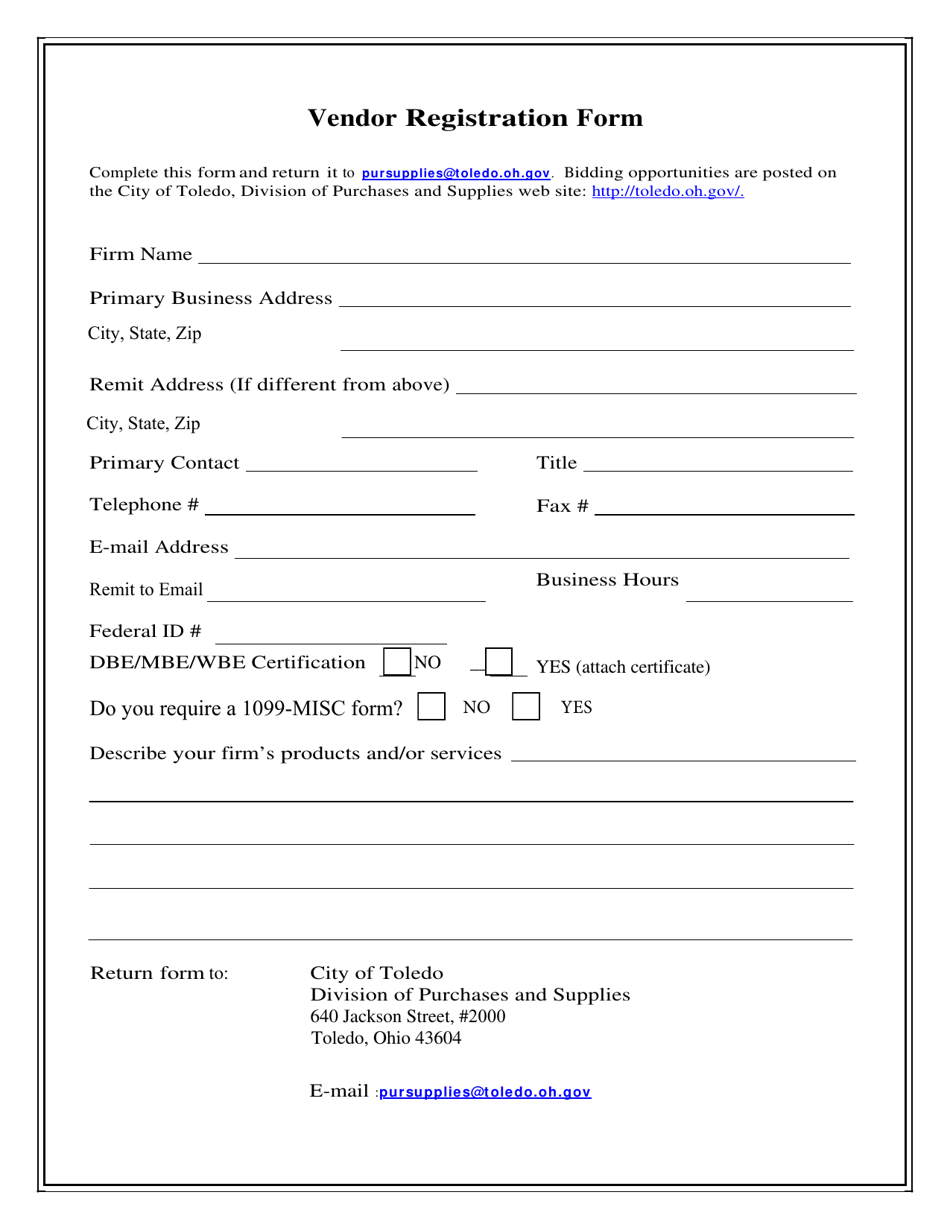 Vendor Registration Form - City of Toledo, Ohio, Page 1