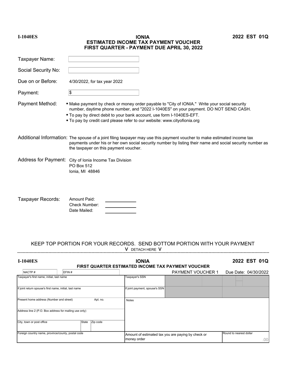 Form I-1040ES Estimated Income Tax Payment Voucher - City of Ionia, Michigan, Page 1