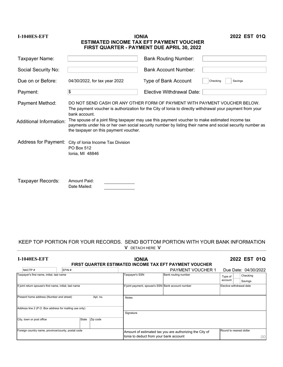 Form I-1040ES-EFT Estimated Income Tax Eft Payment Voucher - City of Ionia, Michigan, Page 1