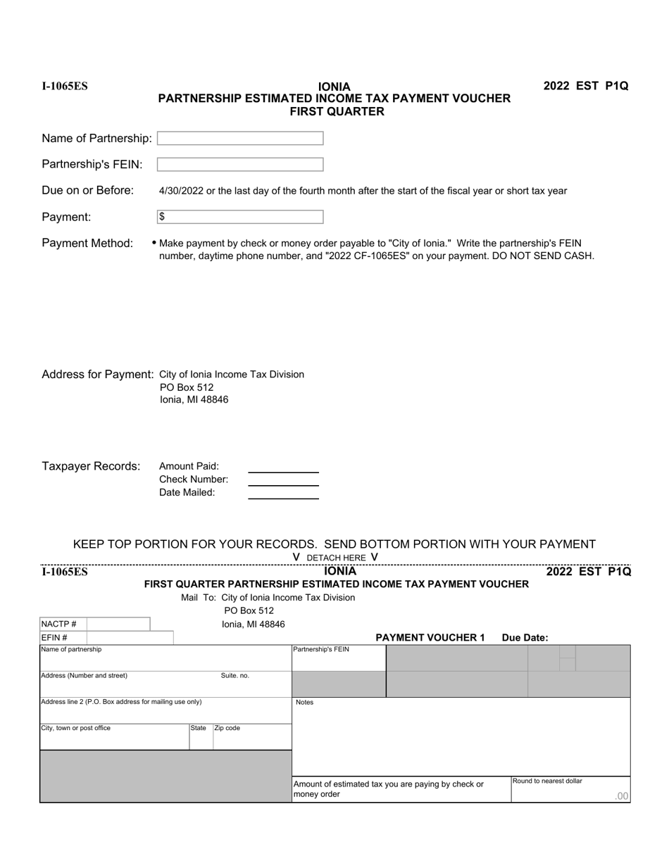 Form I-1065ES Partnership Estimated Income Tax Payment Voucher - City of Ionia, Michigan, Page 1